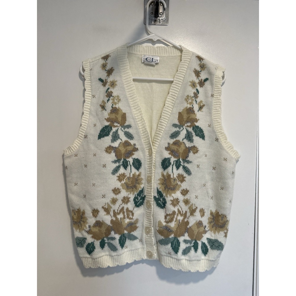 Cricket Lane Cottagecore Floral Knit Sweater Vest Sz:M Multi Sparkle Acrylic
